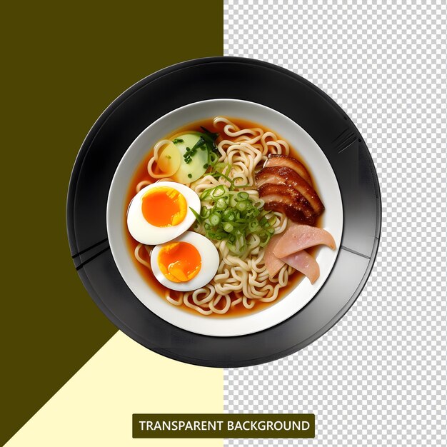 PSD a bowl of ramen with a black plate that says transparent background