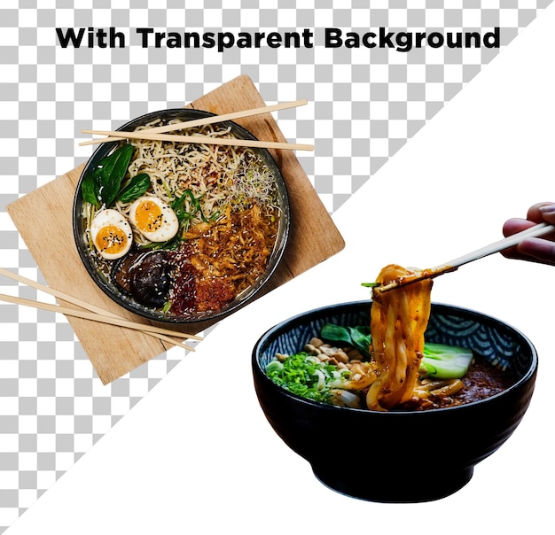 PSD bowl of ramen with chopsticks and a bowl of noodles on isolated transparent background