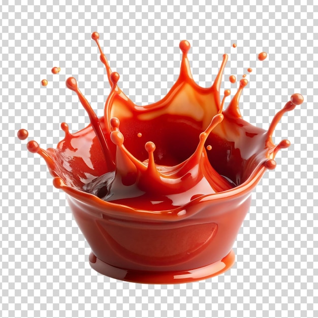 A bowl of red liquid with orange and yellow drops of liquid on transparent background