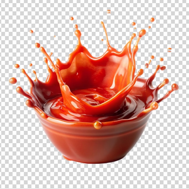 A bowl of red liquid with orange and yellow drops of liquid on transparent background