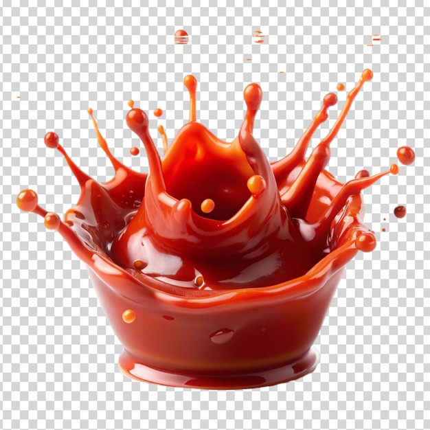 A bowl of red liquid with orange and yellow drops of liquid on transparent background