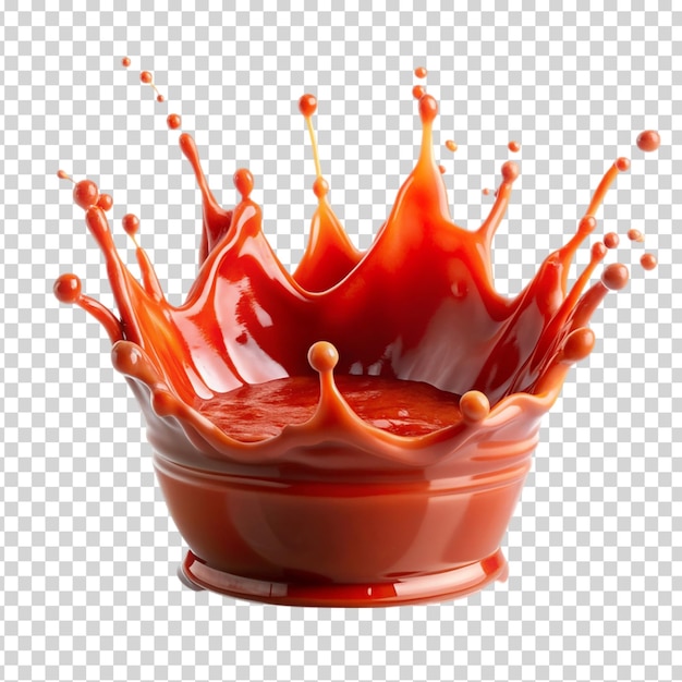 A bowl of red liquid with orange and yellow drops of liquid on transparent background