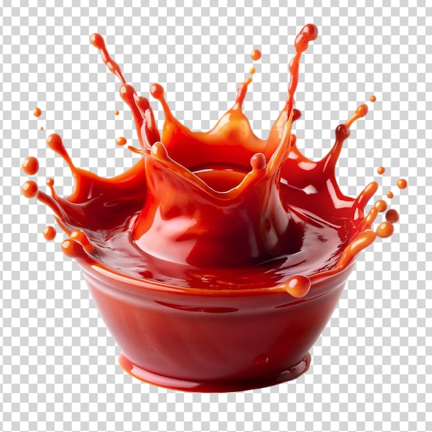 A bowl of red liquid with orange and yellow drops of liquid on transparent background