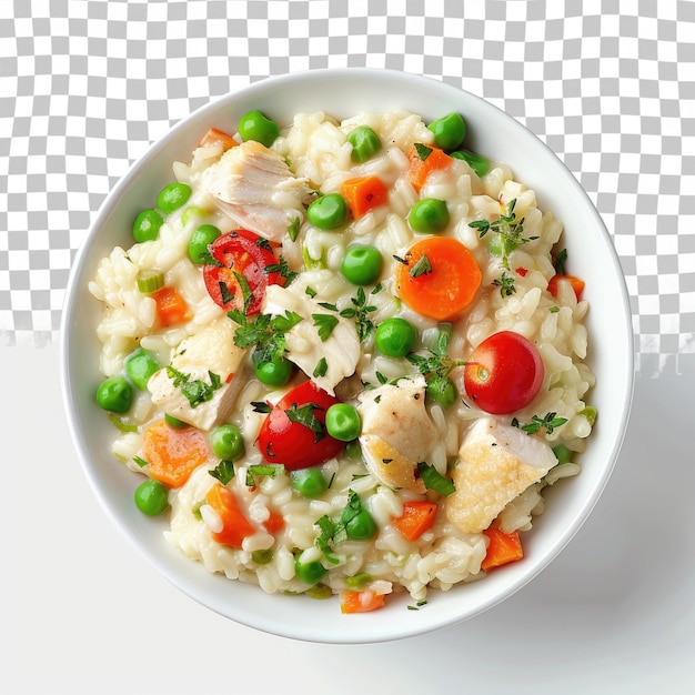 a bowl of rice with chicken peas and carrots