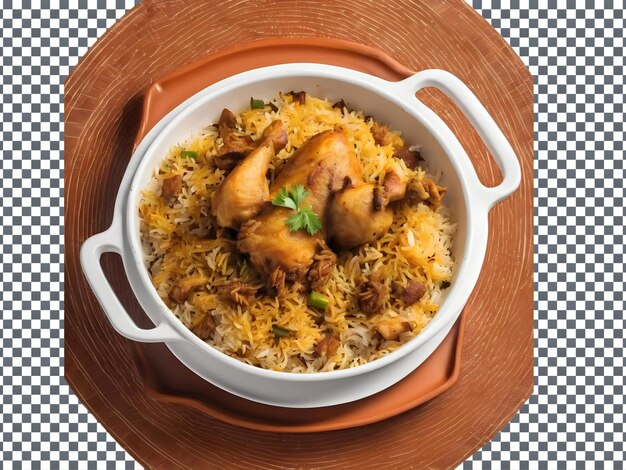 a bowl of rice with chicken and rice on a checkered table