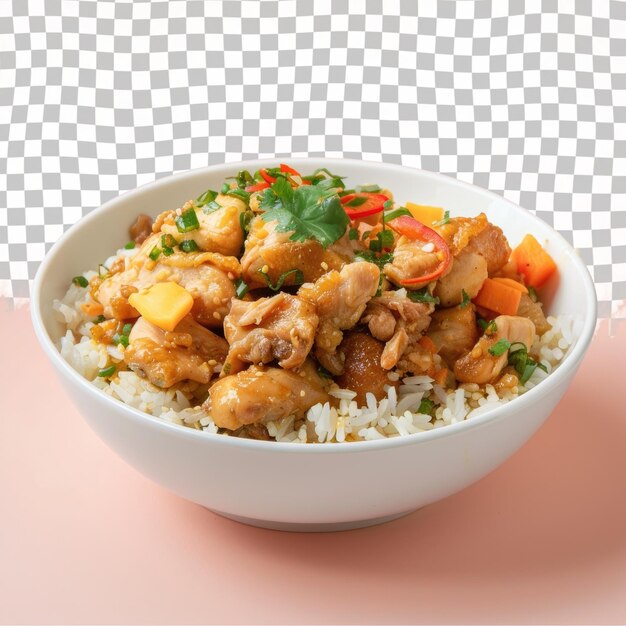 PSD a bowl of rice with chicken and vegetables on it