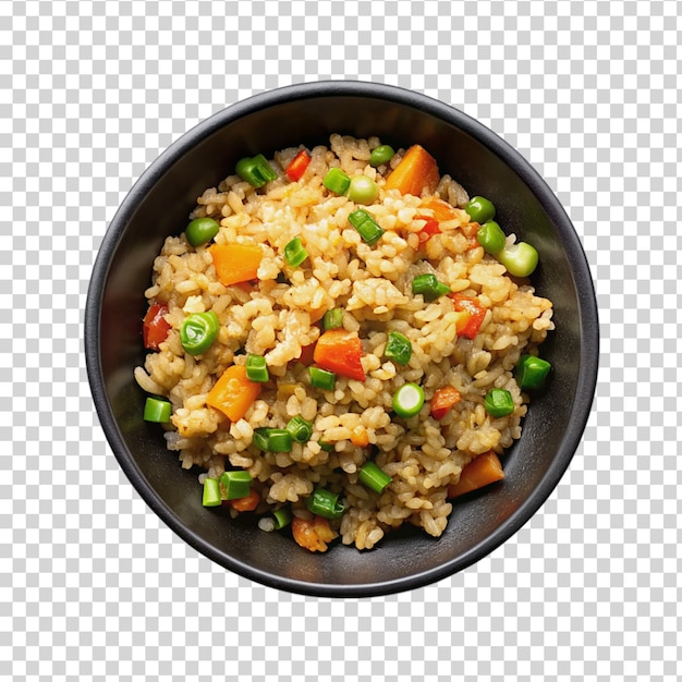 A bowl of rice with peas and carrots on transparent background