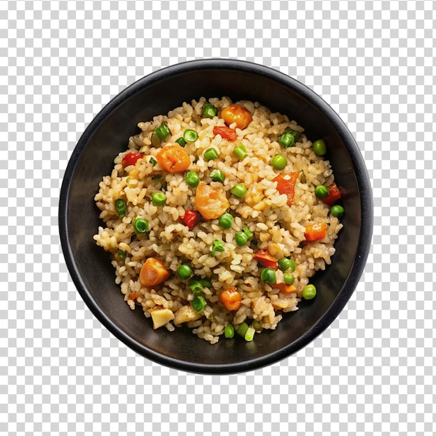 A bowl of rice with peas and carrots on transparent background