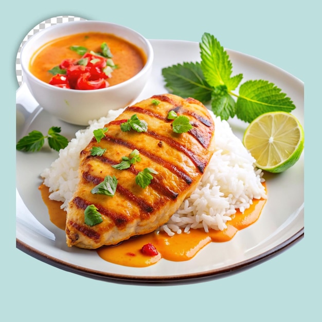 A bowl of rice with a salad and a salad on transparent background