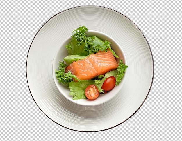 PSD a bowl of salmon and lettuce with a white bowl