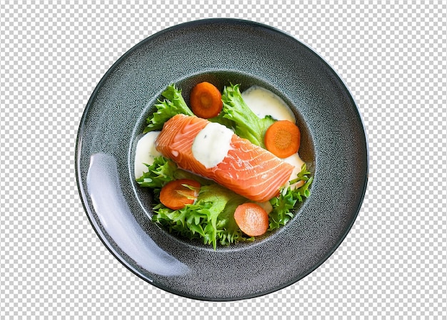 PSD a bowl of salmon and lettuce with a white bowl