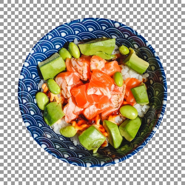 Bowl of salmon and rice with avocado on transparent background