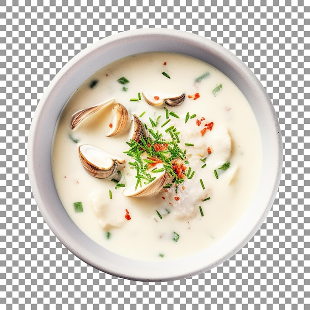 Bowl of seafood soup with a green leaf on transparent background