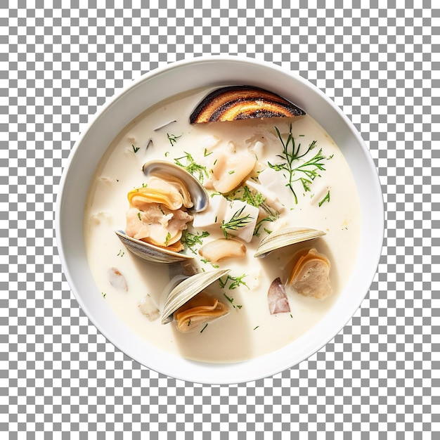 Bowl of seafood soup with a green leaf on transparent background