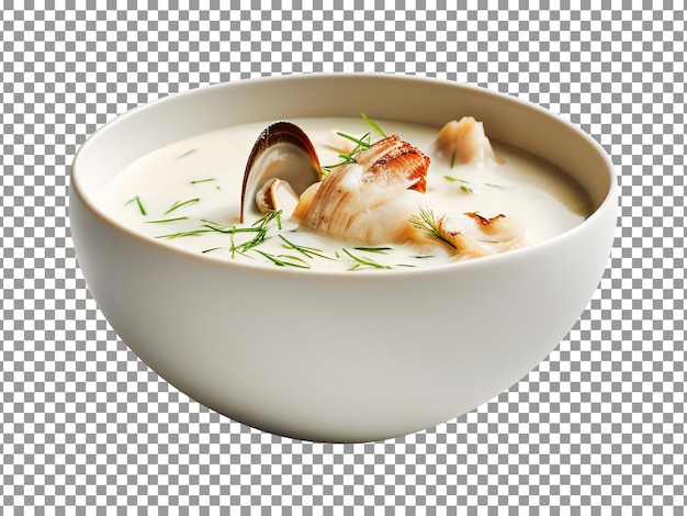 Bowl of seafood soup with seafood on transparent background