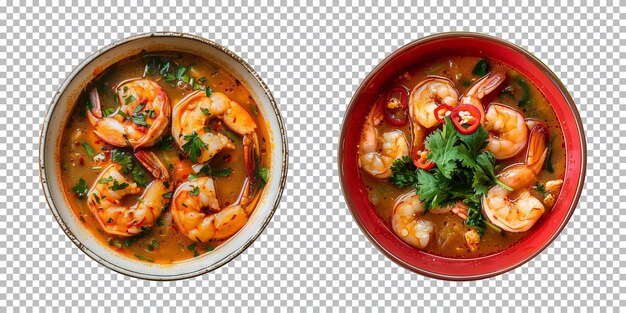 bowl of shrimp or prawn soup isolated on a transparent background top view cut out PNG