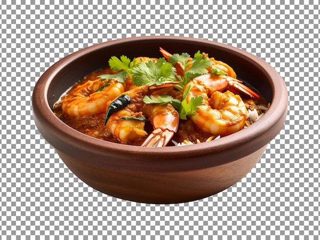 Bowl of shrimps with sauce and parsley on transparent background