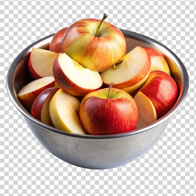 A bowl of sliced apples on transparent background