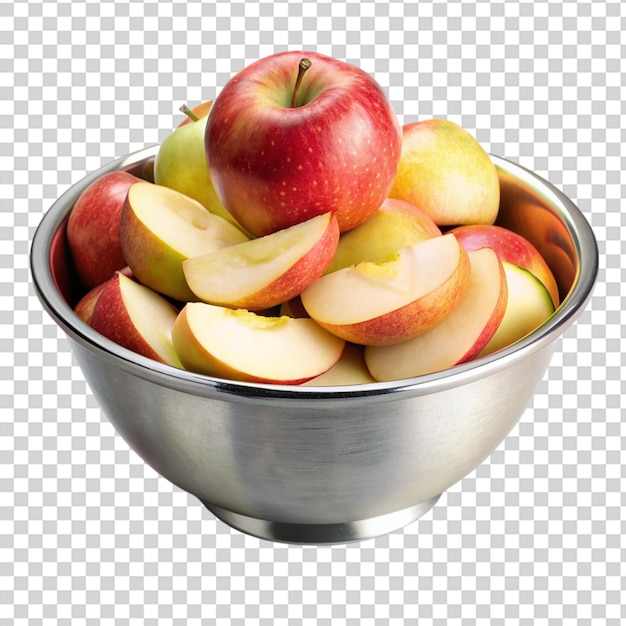 A bowl of sliced apples on transparent background