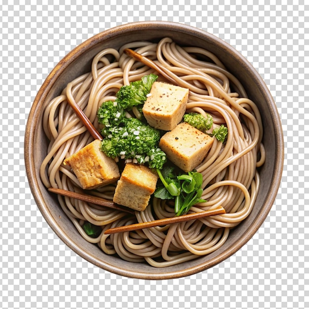 PSD bowl of soba noodles with tofu isolated white background