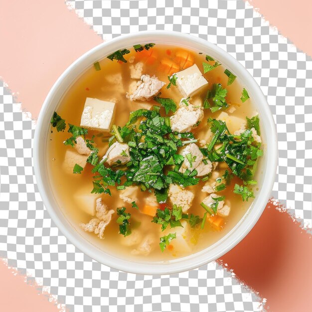 PSD a bowl of soup with chicken and vegetables on a checkered table cloth