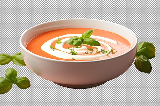 a bowl of soup with a green leaf on top of it