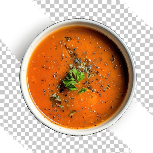 a bowl of soup with a green parsley on top