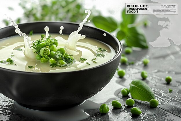 PSD a bowl of soup with green peas and a spoon of soup