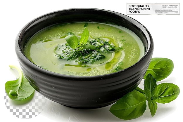 PSD a bowl of soup with a green vegetable soup in it