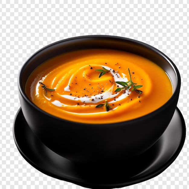 PSD a bowl of soup with a slice of parsley on it