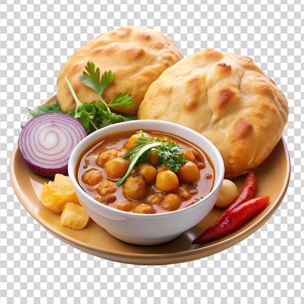 PSD a bowl of soup with a spoon in it accompanied by a plate of bread and a pepper on transparent background