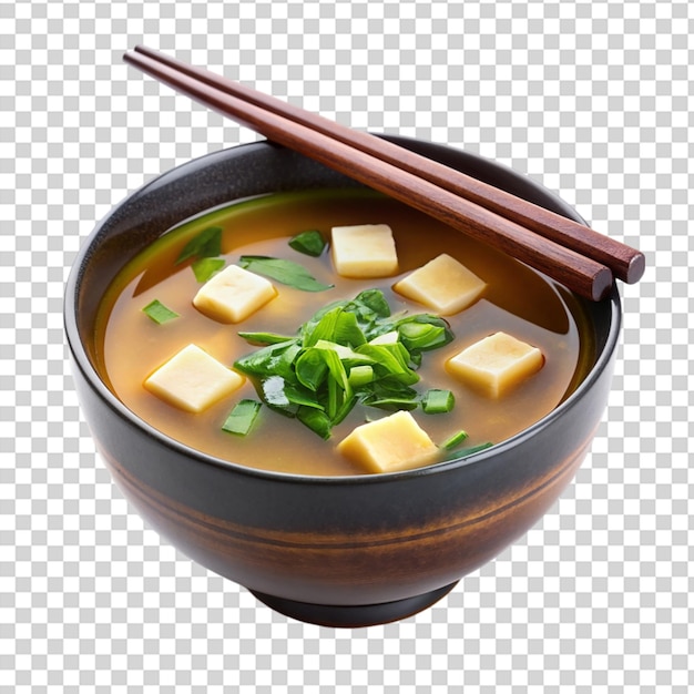 PSD a bowl of soup with tofu green onions and parsley on top on transparent background