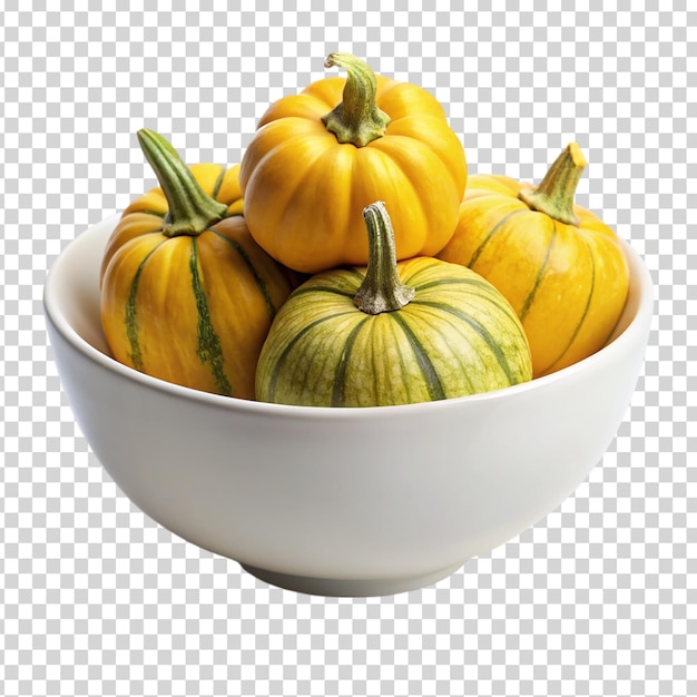 A bowl of squash and yellow squash on transparent background