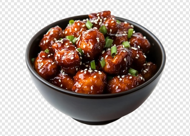 PSD bowl of sticky sesame chicken with green onions isolated on a transparent background