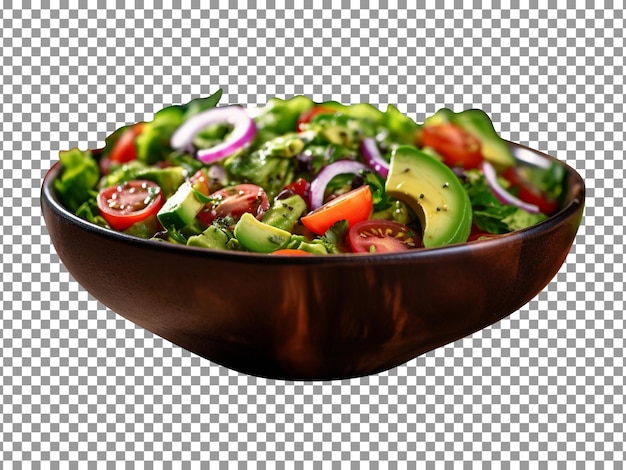 Bowl of tasty avocado salad on transparent background