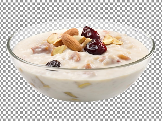 Bowl of tasty kheer or pudding with dried nuts isolated on transparent background