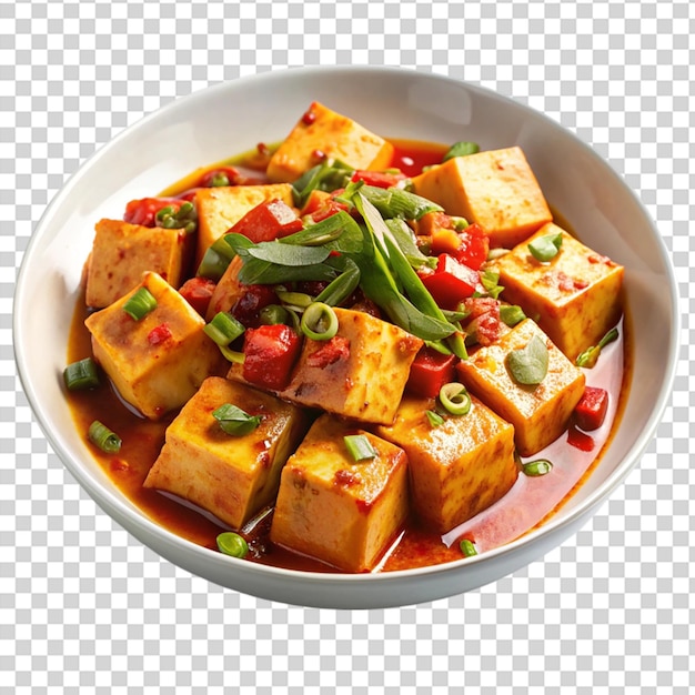 PSD a bowl of tofu and vegetables in a brown sauce on transparent background