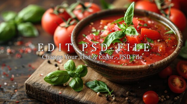 PSD bowl of tomato soup with basil and pepper