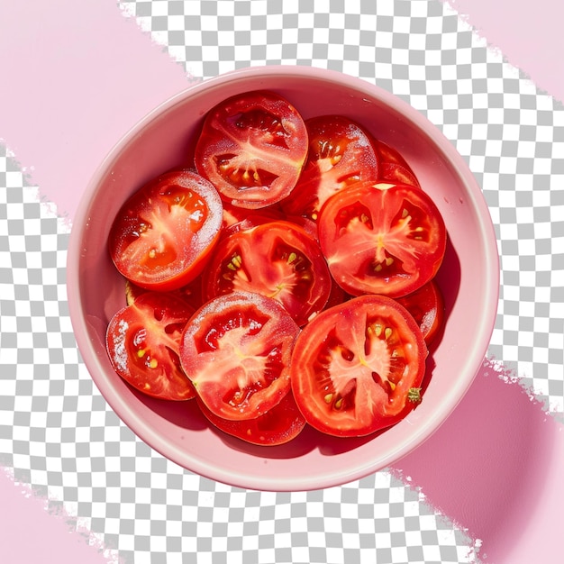 a bowl of tomatoes that are in a pink bowl