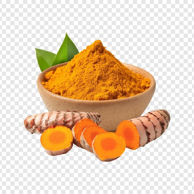 Bowl of Turmeric powder with slices and leaf isolated on transparent background