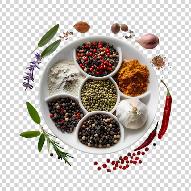 PSD a bowl of various spices and herbs on a white background