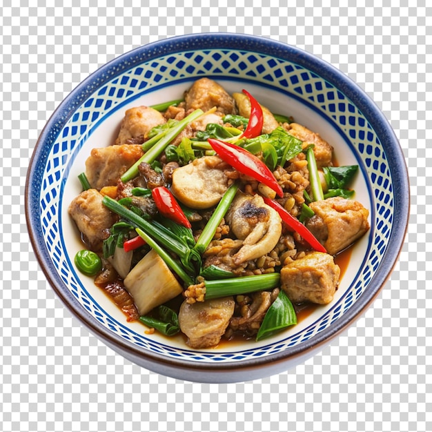 A bowl of vegetables and meat on transparent background