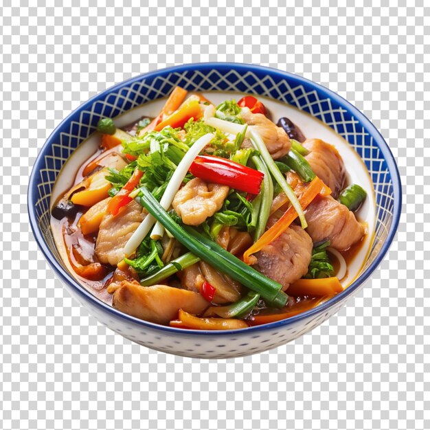 A bowl of vegetables and meat on transparent background