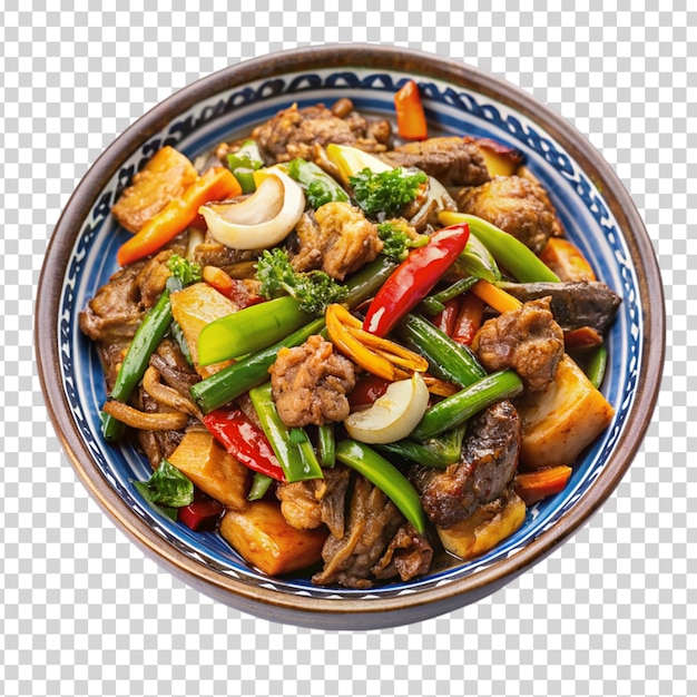 A bowl of vegetables and meat on transparent background