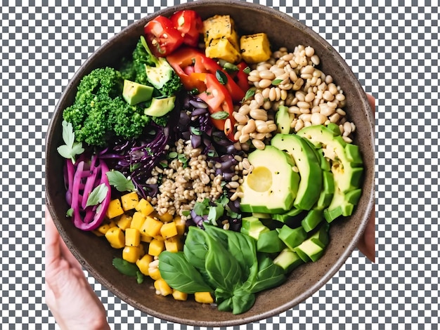 a bowl of vegetables with a person holding a bowl of vegetables