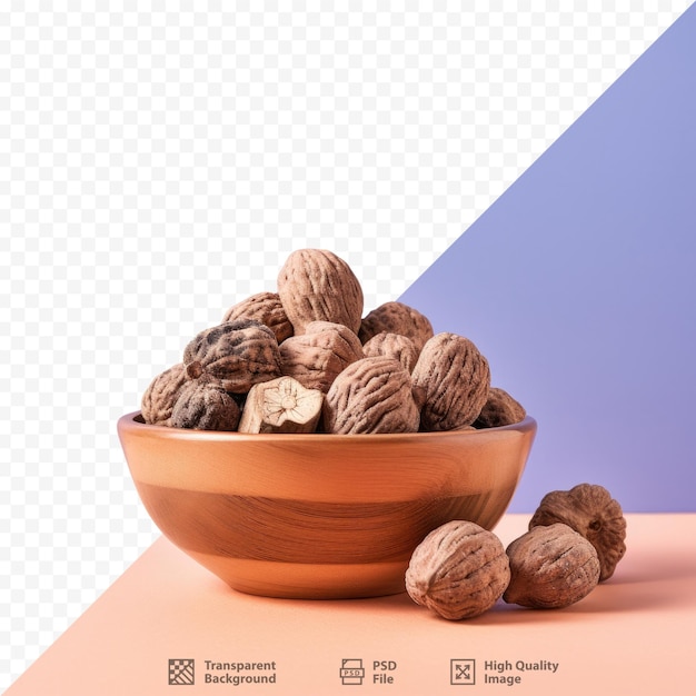 a bowl of walnuts with a blue background with a purple background