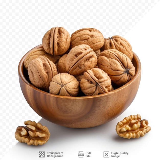 a bowl of walnuts with a white background with a picture of walnuts in the middle.