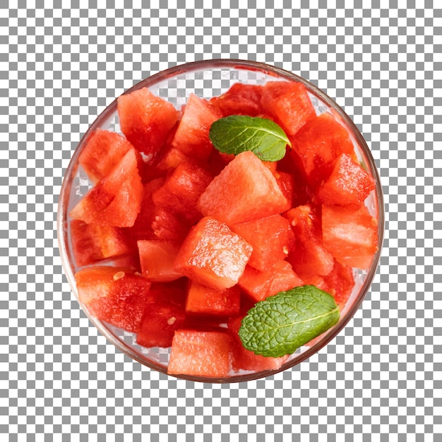 Bowl of watermelon with a green leaf on transparent background