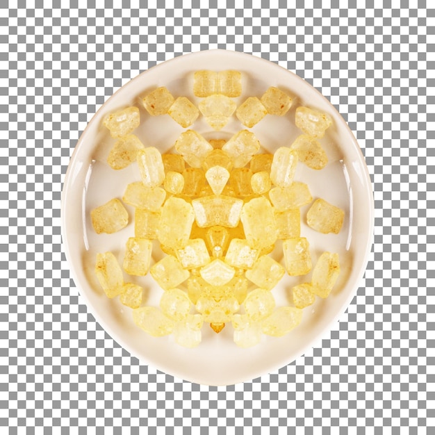 A bowl of yellow candies top view isolated on transparent background