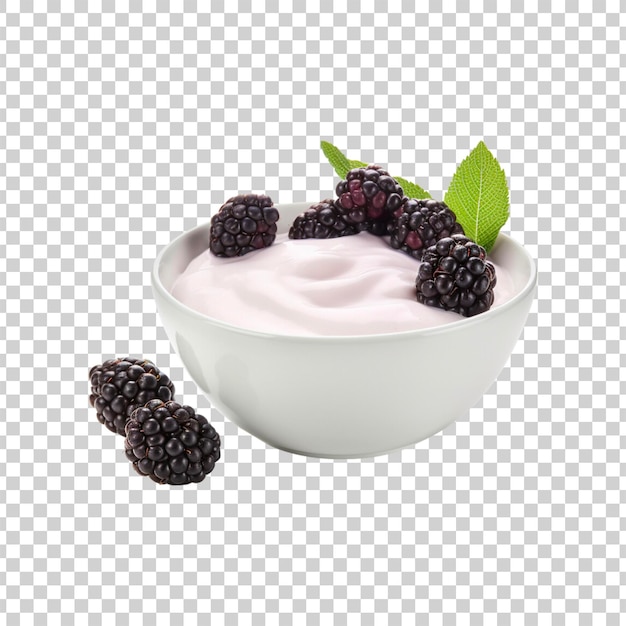 A bowl of yogurt with blackberries on a transparent background